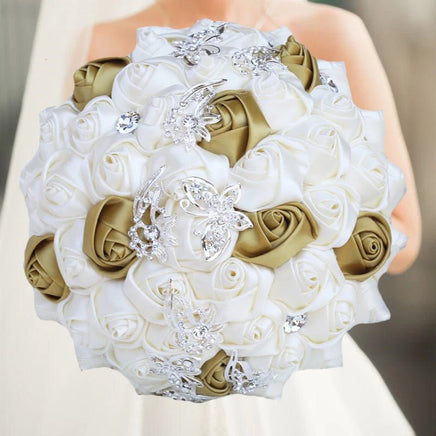 Prom Bouquet Ivory Satin Rose Artificial Flowers Rhinestone Bridesmaid Bouquets - Lusy Store LLC