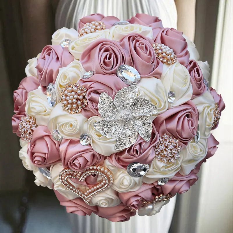 Prom Bouquet Ivory Satin Rose Artificial Flowers Rhinestone Bridesmaid Bouquets - Lusy Store LLC