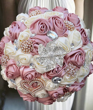 Prom Bouquet Ivory Satin Rose Artificial Flowers Rhinestone Bridesmaid Bouquets - Lusy Store LLC