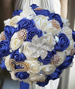 Prom Bouquet Ivory Satin Rose Artificial Flowers Rhinestone Bridesmaid Bouquets - Lusy Store LLC