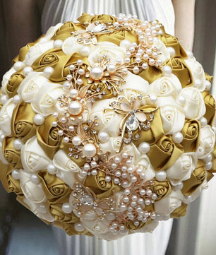 Prom Bouquet Ivory Satin Rose Artificial Flowers Rhinestone Bridesmaid Bouquets - Lusy Store LLC