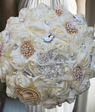 Prom Bouquet Ivory Satin Rose Artificial Flowers Rhinestone Bridesmaid Bouquets - Lusy Store LLC
