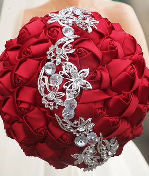 Prom Bouquet Ivory Satin Rose Artificial Flowers Rhinestone Bridesmaid Bouquets - Lusy Store LLC