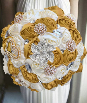 Prom Bouquet Ivory Satin Rose Artificial Flowers Rhinestone Bridesmaid Bouquets - Lusy Store LLC