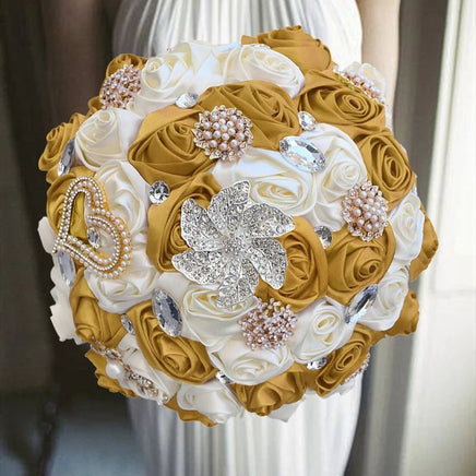 Prom Bouquet Ivory Satin Rose Artificial Flowers Rhinestone Bridesmaid Bouquets R15