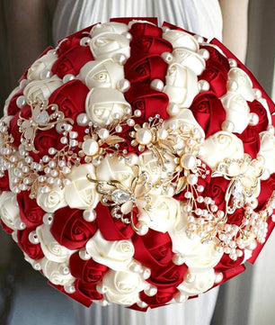 Prom Bouquet Ivory Satin Rose Artificial Flowers Rhinestone Bridesmaid Bouquets - Lusy Store LLC