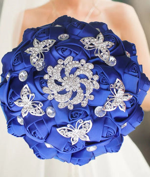 Prom Bouquet Ivory Satin Rose Artificial Flowers Rhinestone Bridesmaid Bouquets - Lusy Store LLC