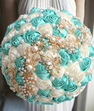 Prom Bouquet Ivory Satin Rose Artificial Flowers Rhinestone Bridesmaid Bouquets - Lusy Store LLC