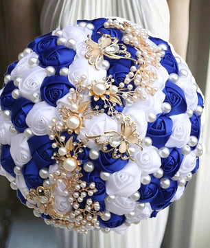 Prom Bouquet Ivory Satin Rose Artificial Flowers Rhinestone Bridesmaid Bouquets - Lusy Store LLC