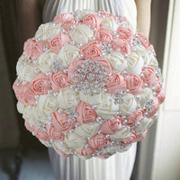 Prom Bouquet Ivory Satin Rose Artificial Flowers Rhinestone Bridesmaid Bouquets - Lusy Store LLC