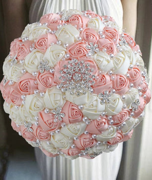 Prom Bouquet Ivory Satin Rose Artificial Flowers Rhinestone Bridesmaid Bouquets - Lusy Store LLC