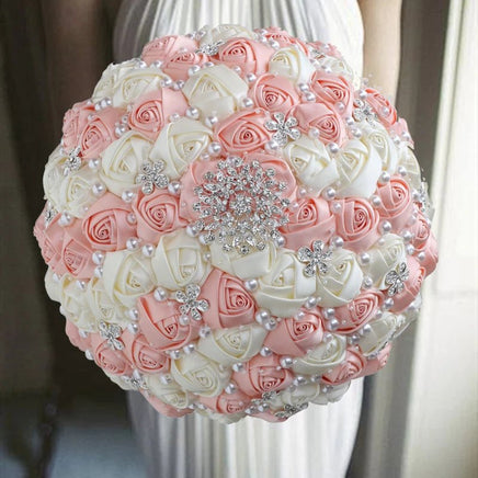 Prom Bouquet Ivory Satin Rose Artificial Flowers Rhinestone Bridesmaid Bouquets
