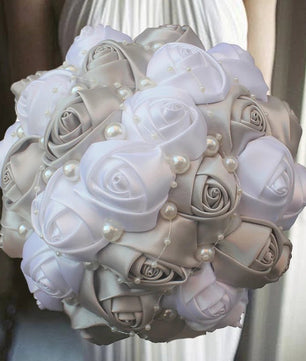 Prom Bouquet Ivory Satin Rose Artificial Flowers Rhinestone Bridesmaid Bouquets - Lusy Store LLC