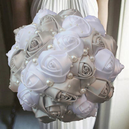 Prom Bouquet Ivory Satin Rose Artificial Flowers Rhinestone Bridesmaid Bouquets - Lusy Store LLC