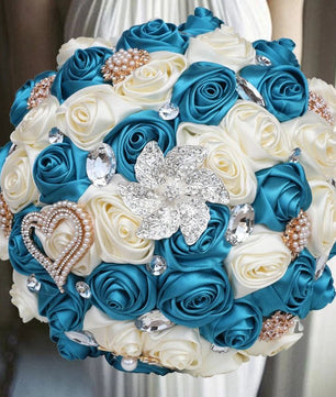 Prom Bouquet Ivory Satin Rose Artificial Flowers Rhinestone Bridesmaid Bouquets - Lusy Store LLC