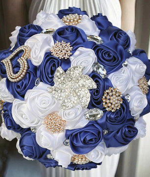 Prom Bouquet Ivory Satin Rose Artificial Flowers Rhinestone Bridesmaid Bouquets - Lusy Store LLC