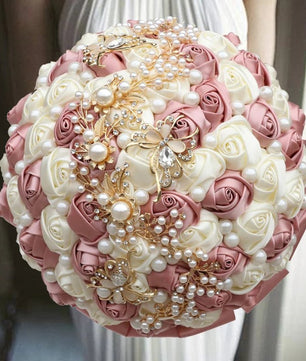 Prom Bouquet Ivory Satin Rose Artificial Flowers Rhinestone Bridesmaid Bouquets - Lusy Store LLC