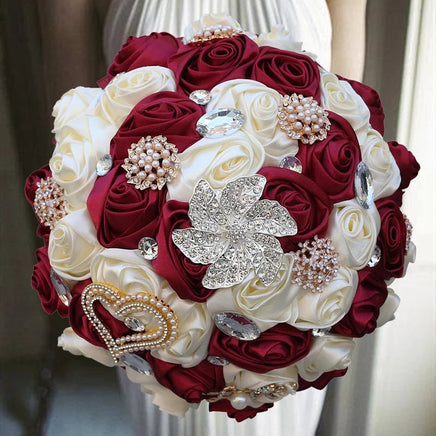 Prom Bouquet Ivory Satin Rose Artificial Flowers Rhinestone Bridesmaid Bouquets - Lusy Store LLC