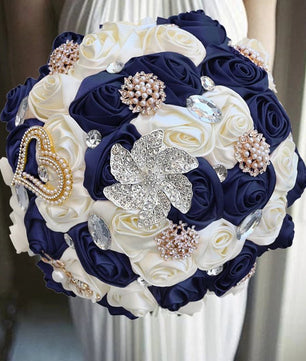 Prom Bouquet Ivory Satin Rose Artificial Flowers Rhinestone Bridesmaid Bouquets - Lusy Store LLC