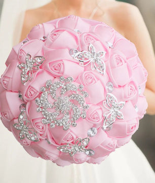 Prom Bouquet Ivory Satin Rose Artificial Flowers Rhinestone Bridesmaid Bouquets - Lusy Store LLC