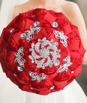 Prom Bouquet Ivory Satin Rose Artificial Flowers Rhinestone Bridesmaid Bouquets - Lusy Store LLC