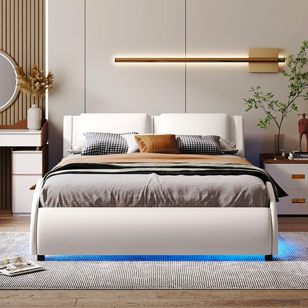Queen Bed Upholstered Faux Leather Platform Bed with LED Light Headboard Slatted F387 - Lusy Store