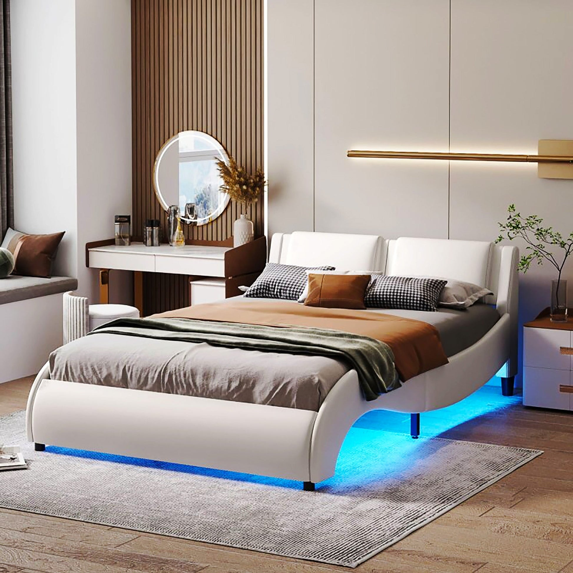Queen Bed Upholstered Faux Leather Platform Bed with LED Light Headboard Slatted F387 - Lusy Store