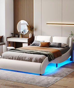 Queen Bed Upholstered Faux Leather Platform Bed with LED Light Headboard Slatted F387 - Lusy Store