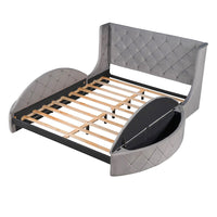Queen Bed Upholstered Platform Bed Storage Velvet Bed With Wingback Headboard Big Drawer 2 Side Storage Stool F395