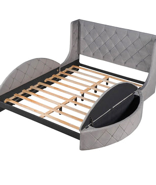Queen Bed Upholstered Platform Bed Storage Velvet Bed With Wingback Headboard Big Drawer 2 Side Storage Stool F395 - Lusy Store