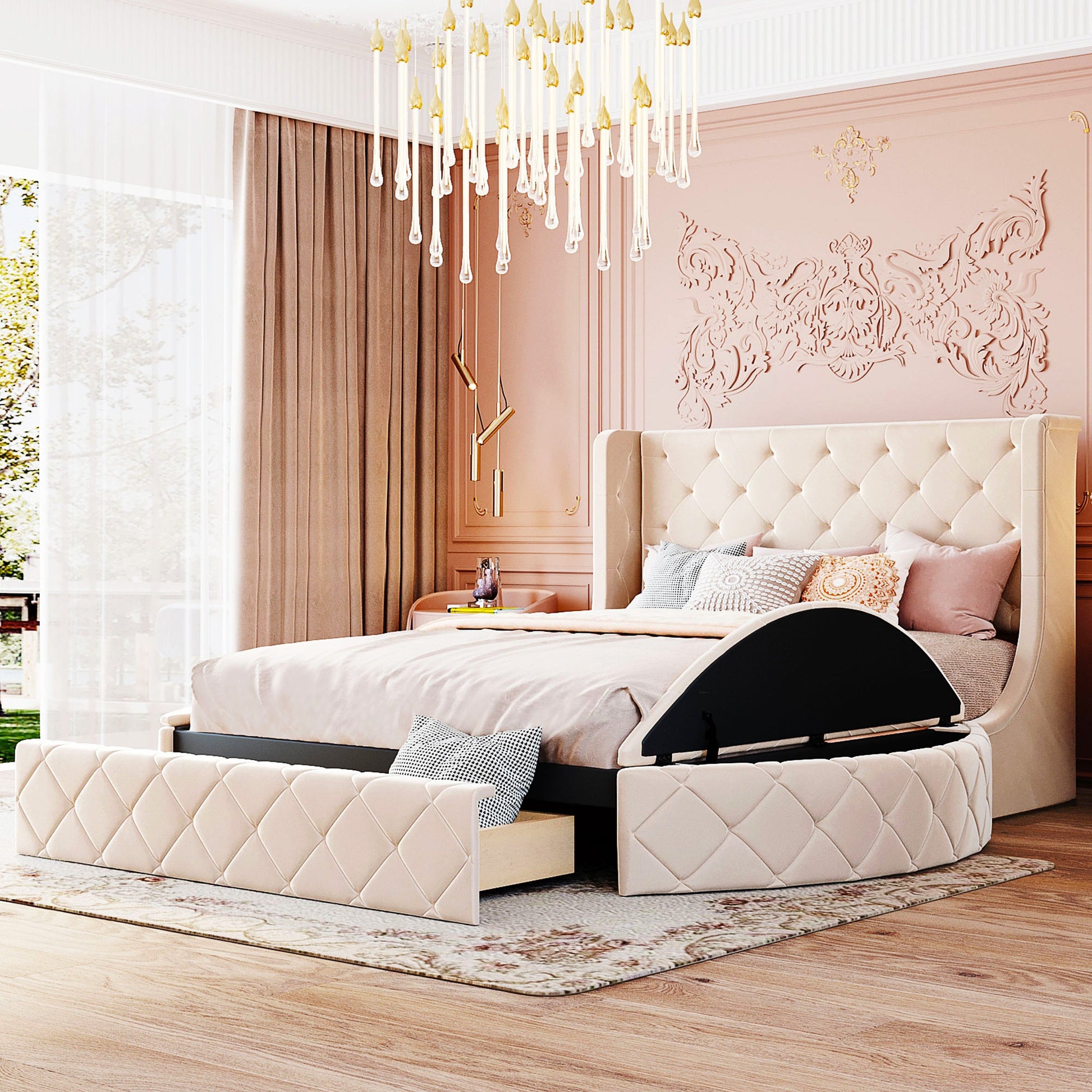 Queen Bed Upholstered Platform Bed Storage Velvet Bed With Wingback Headboard Big Drawer 2 Side Storage Stool F395 - Lusy Store