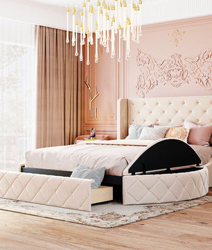 Queen Bed Upholstered Platform Bed Storage Velvet Bed With Wingback Headboard Big Drawer 2 Side Storage Stool F395 - Lusy Store