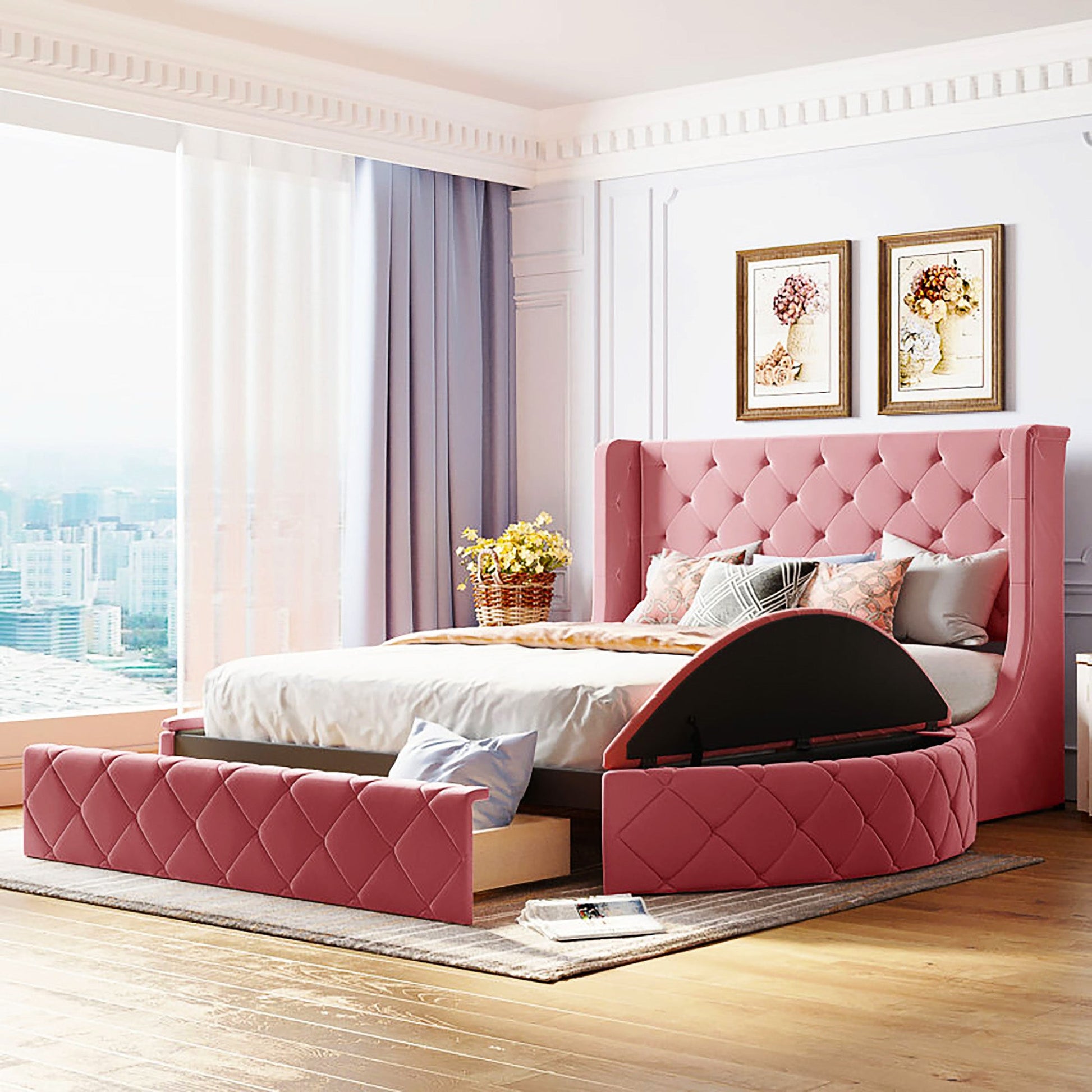 Queen Bed Upholstered Platform Bed Storage Velvet Bed With Wingback Headboard Big Drawer 2 Side Storage Stool F395 - Lusy Store