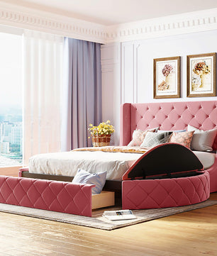 Queen Bed Upholstered Platform Bed Storage Velvet Bed With Wingback Headboard Big Drawer 2 Side Storage Stool F395 - Lusy Store