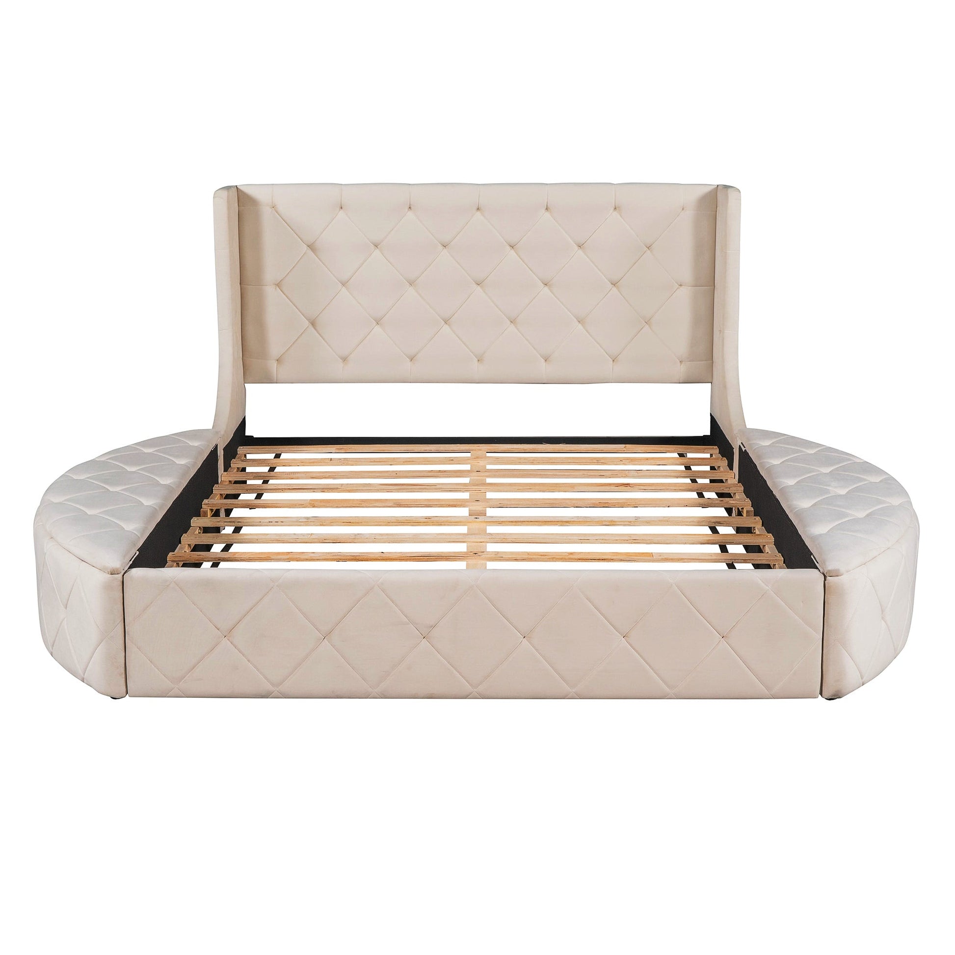 Queen Bed Upholstered Platform Bed Storage Velvet Bed With Wingback Headboard Big Drawer 2 Side Storage Stool F395 - Lusy Store