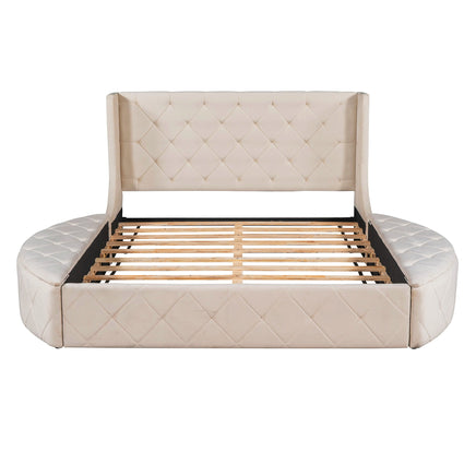 Queen Bed Upholstered Platform Bed Storage Velvet Bed With Wingback Headboard Big Drawer 2 Side Storage Stool F395