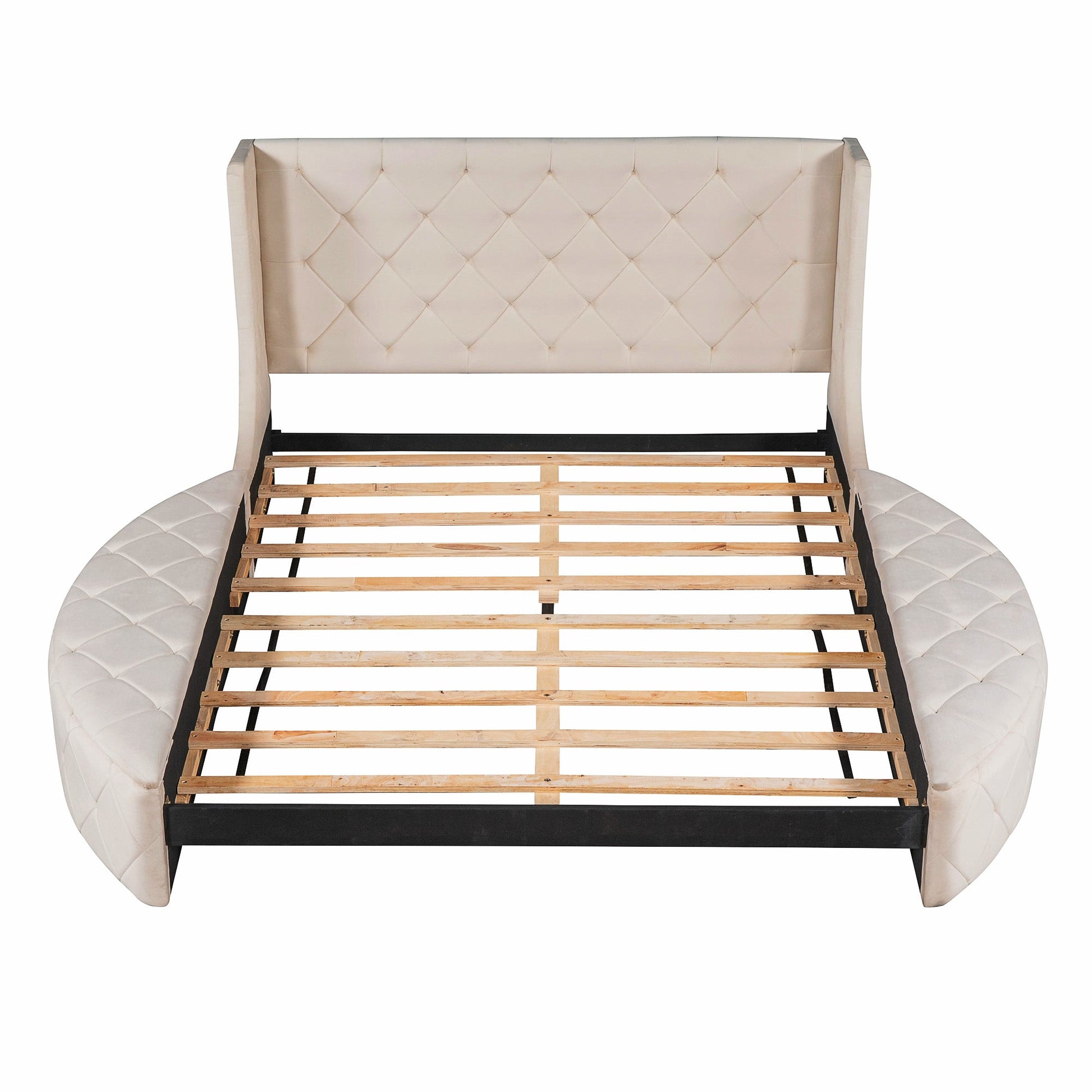 Queen Bed Upholstered Platform Bed Storage Velvet Bed With Wingback Headboard Big Drawer 2 Side Storage Stool F395 - Lusy Store