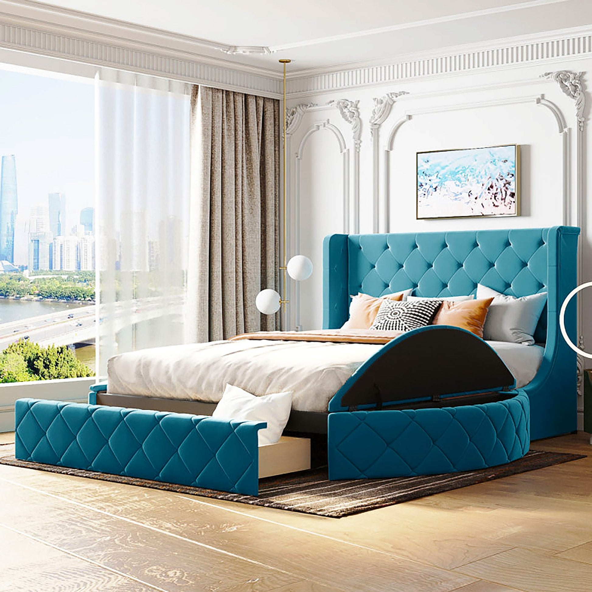 Queen Bed Upholstered Platform Bed Storage Velvet Bed With Wingback Headboard Big Drawer 2 Side Storage Stool F395 - Lusy Store