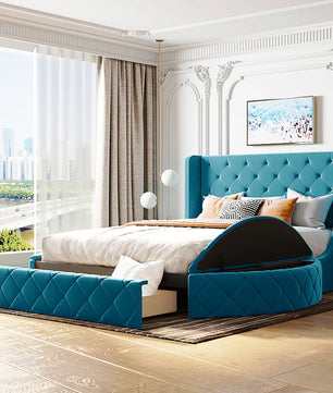 Queen Bed Upholstered Platform Bed Storage Velvet Bed With Wingback Headboard Big Drawer 2 Side Storage Stool F395 - Lusy Store