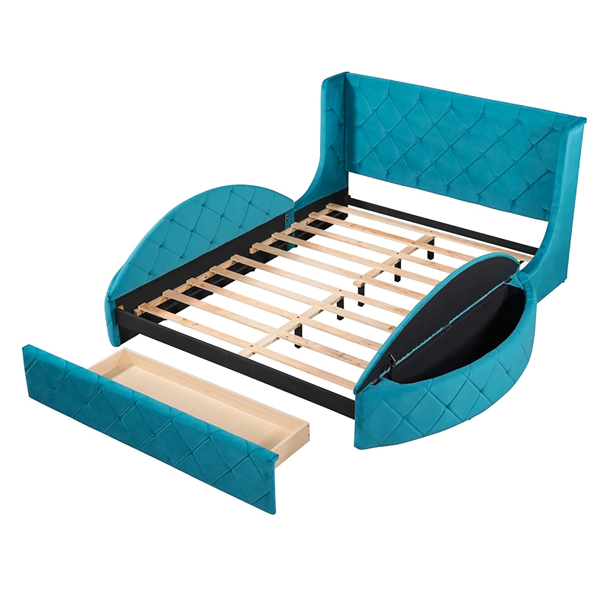 Queen Bed Upholstered Platform Bed Storage Velvet Bed With Wingback Headboard Big Drawer 2 Side Storage Stool F395 - Lusy Store