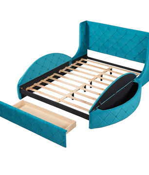 Queen Bed Upholstered Platform Bed Storage Velvet Bed With Wingback Headboard Big Drawer 2 Side Storage Stool F395 - Lusy Store