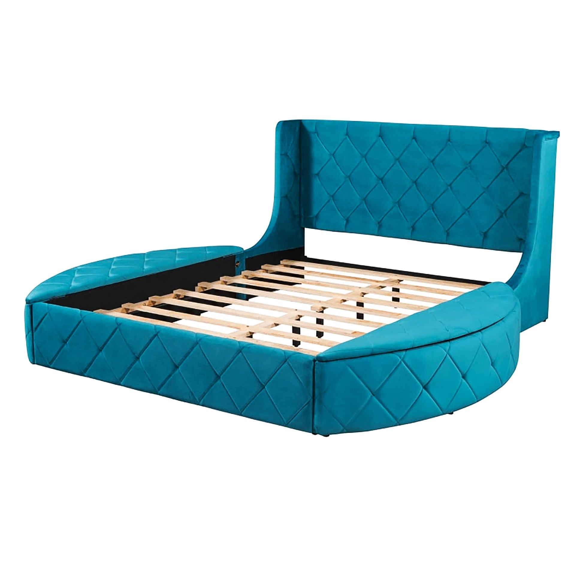 Queen Bed Upholstered Platform Bed Storage Velvet Bed With Wingback Headboard Big Drawer 2 Side Storage Stool F395 - Lusy Store
