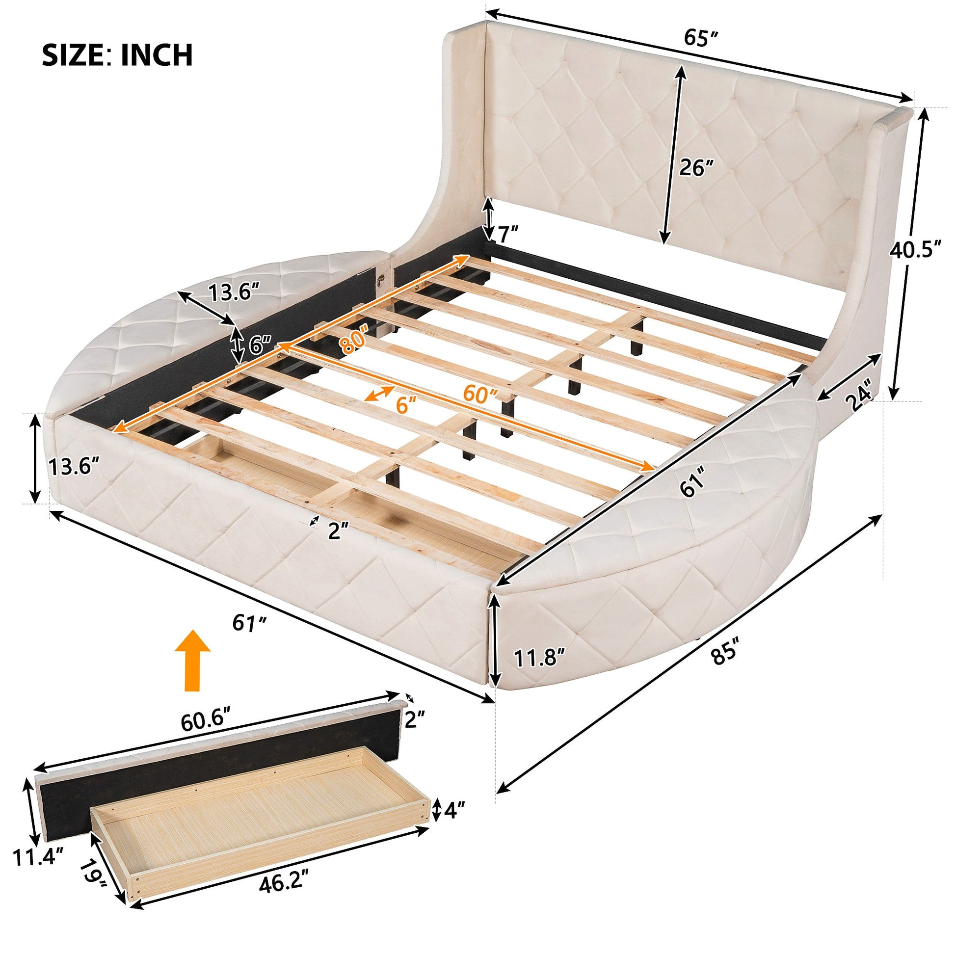 Queen Bed Upholstered Platform Bed Storage Velvet Bed With Wingback Headboard Big Drawer 2 Side Storage Stool F395 - Lusy Store