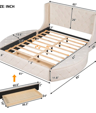 Queen Bed Upholstered Platform Bed Storage Velvet Bed With Wingback Headboard Big Drawer 2 Side Storage Stool F395 - Lusy Store