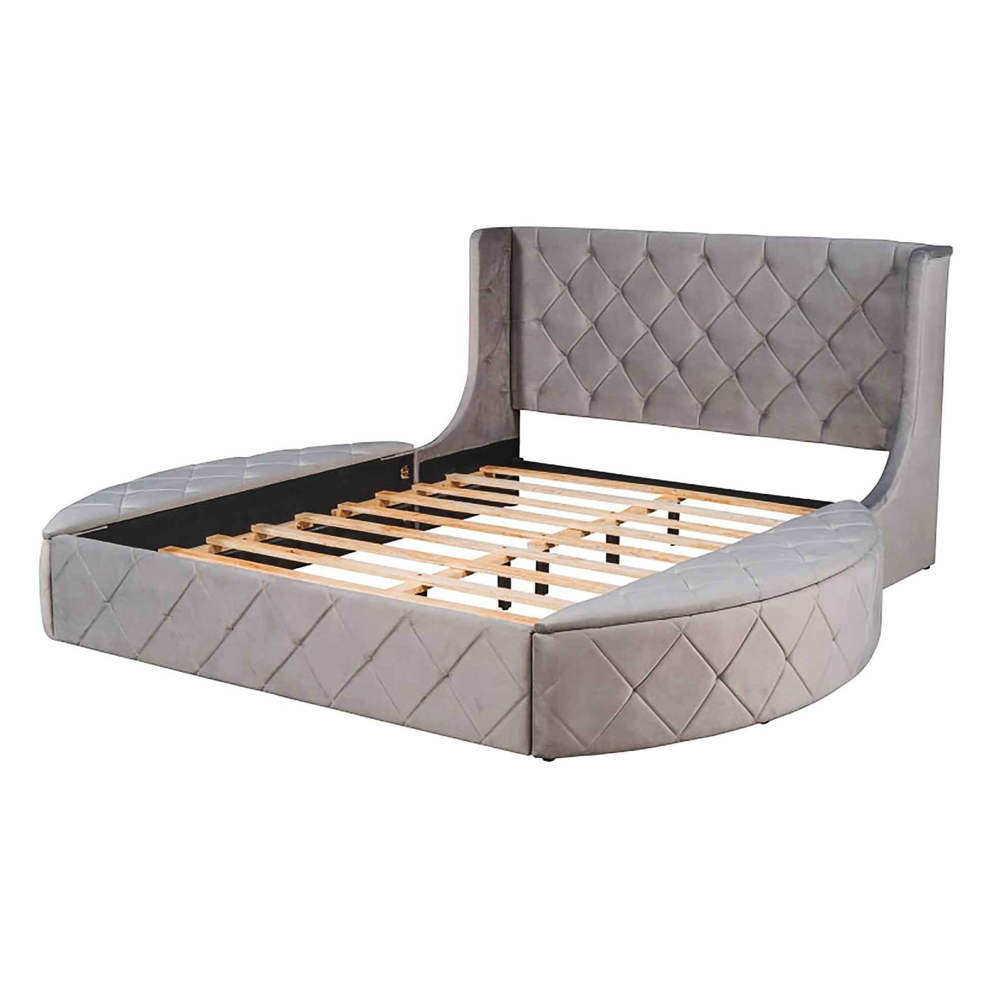 Queen Bed Upholstered Platform Bed Storage Velvet Bed With Wingback Headboard Big Drawer 2 Side Storage Stool F395 - Lusy Store