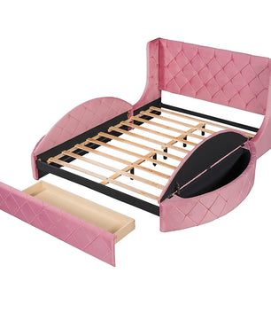 Queen Bed Upholstered Platform Bed Storage Velvet Bed With Wingback Headboard Big Drawer 2 Side Storage Stool F395 - Lusy Store