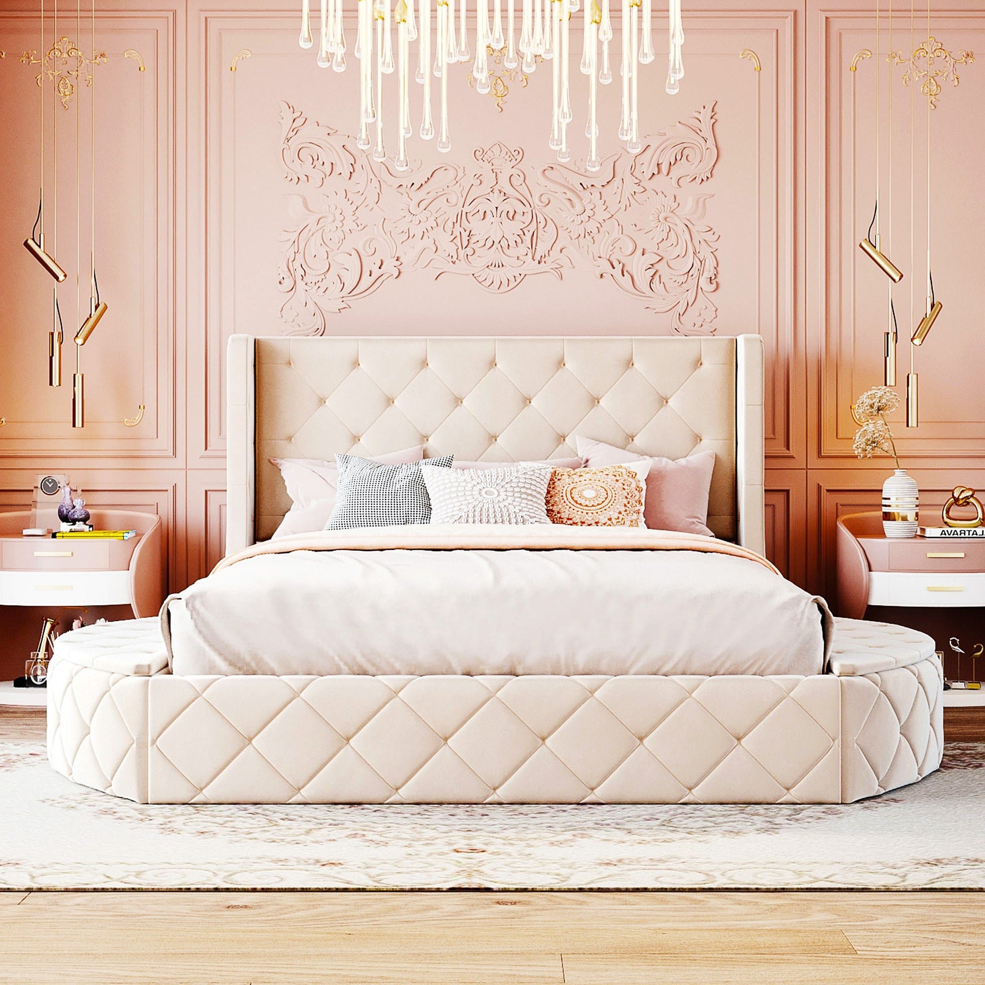 Queen Bed Upholstered Platform Bed Storage Velvet Bed With Wingback Headboard Big Drawer 2 Side Storage Stool F395 - Lusy Store