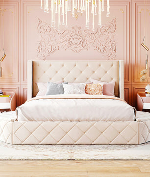 Queen Bed Upholstered Platform Bed Storage Velvet Bed With Wingback Headboard Big Drawer 2 Side Storage Stool F395 - Lusy Store