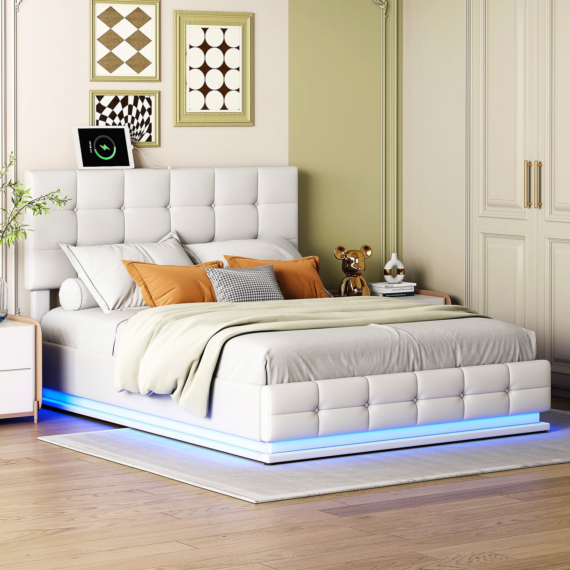 Queen Bed White PU Storage Bed Platform Bed With Hydraulic Storage System F402 - Lusy Store