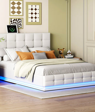 Queen Bed White PU Storage Bed Platform Bed With Hydraulic Storage System F402 - Lusy Store